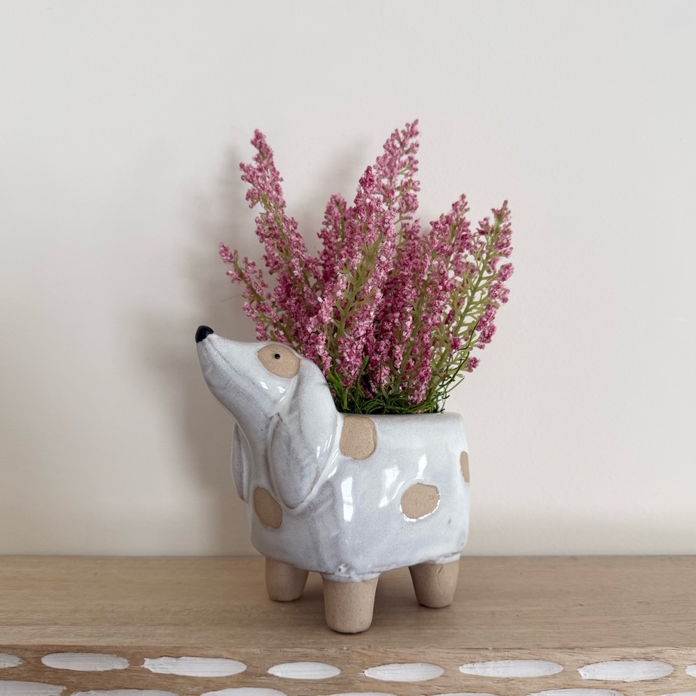 Adorable Spotted Ceramic Dog Planter with Faux Pink Flowers – Cute Home Decor